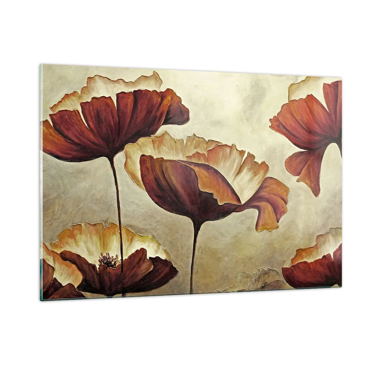 Cuadro sobre vidrio - Impresiones sobre Vidrio - Flores de amapola en tonos rojos y dorados sobre un fondo claro. - 120x80cm - Prado de prados - Decoración de pared moderna para salón y dormitorio ARTTOR