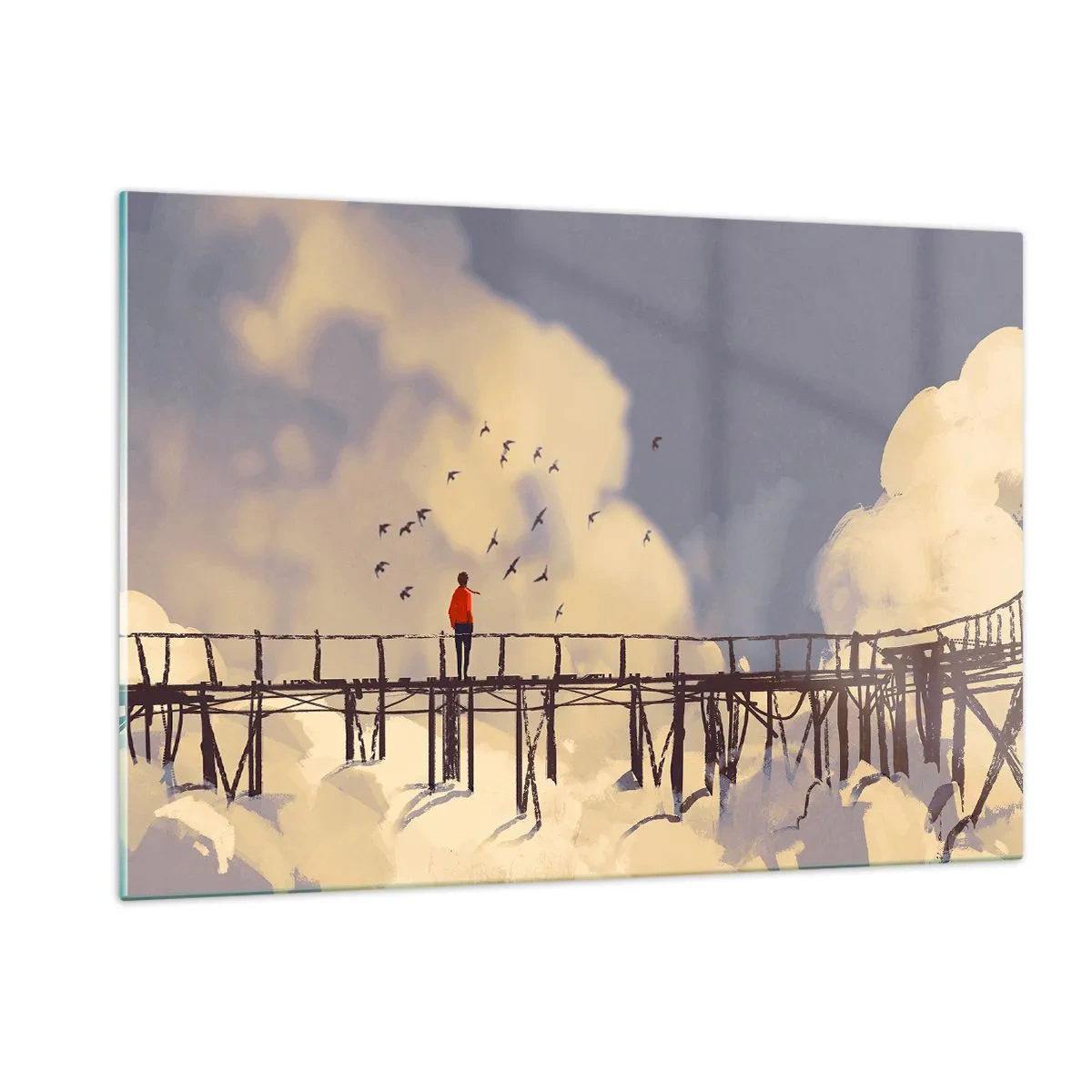 Cuadro sobre vidrio - Impresiones sobre Vidrio - Un hombre en un puente de madera rodeado de nubes. - 120x80cm - Anhelo azul - Decoración de pared moderna para salón y dormitorio ARTTOR