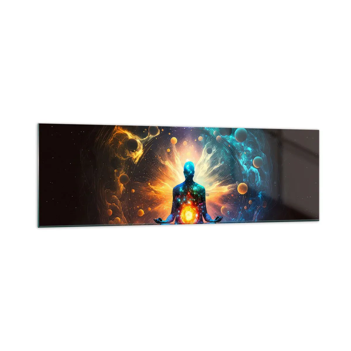 Cuadro sobre vidrio - Impresiones sobre Vidrio - Una figura en meditación rodeada de un aura cósmica. - 160x50cm - Tranquilidad cósmica - Decoración de pared moderna para salón y dormitorio ARTTOR