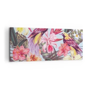 Cuadro sobre lienzo - Impresión de Imagen - Aves exóticas entre flores tropicales - 120x50cm - Pétalos y plumas - Decoración de pared moderna para salón y dormitorio ARTTOR