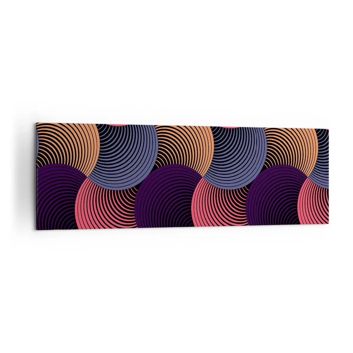 Cuadro sobre lienzo - Impresión de Imagen - Círculos geométricos en tonos rosa, morado y dorado. - 160x50cm - En un ritmo circular - Decoración de pared moderna para salón y dormitorio ARTTOR