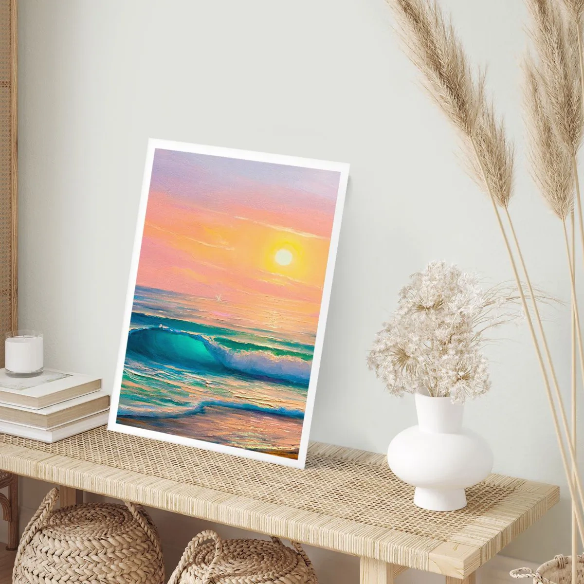 Póster - Una puesta de sol soleada sobre un océano en calma. - 50x70cm - El canto turquesa de las olas - Decoración de pared moderna para salón y dormitorio ARTTOR