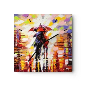 Reloj de pared - Reloj de vidrio - Una escena abstracta de un paseo bajo un paraguas en una noche lluviosa. - 30x30cm - Juntos a través de la noche y la lluvia - Decoración de pared moderna para salón y dormitorio ARTTOR