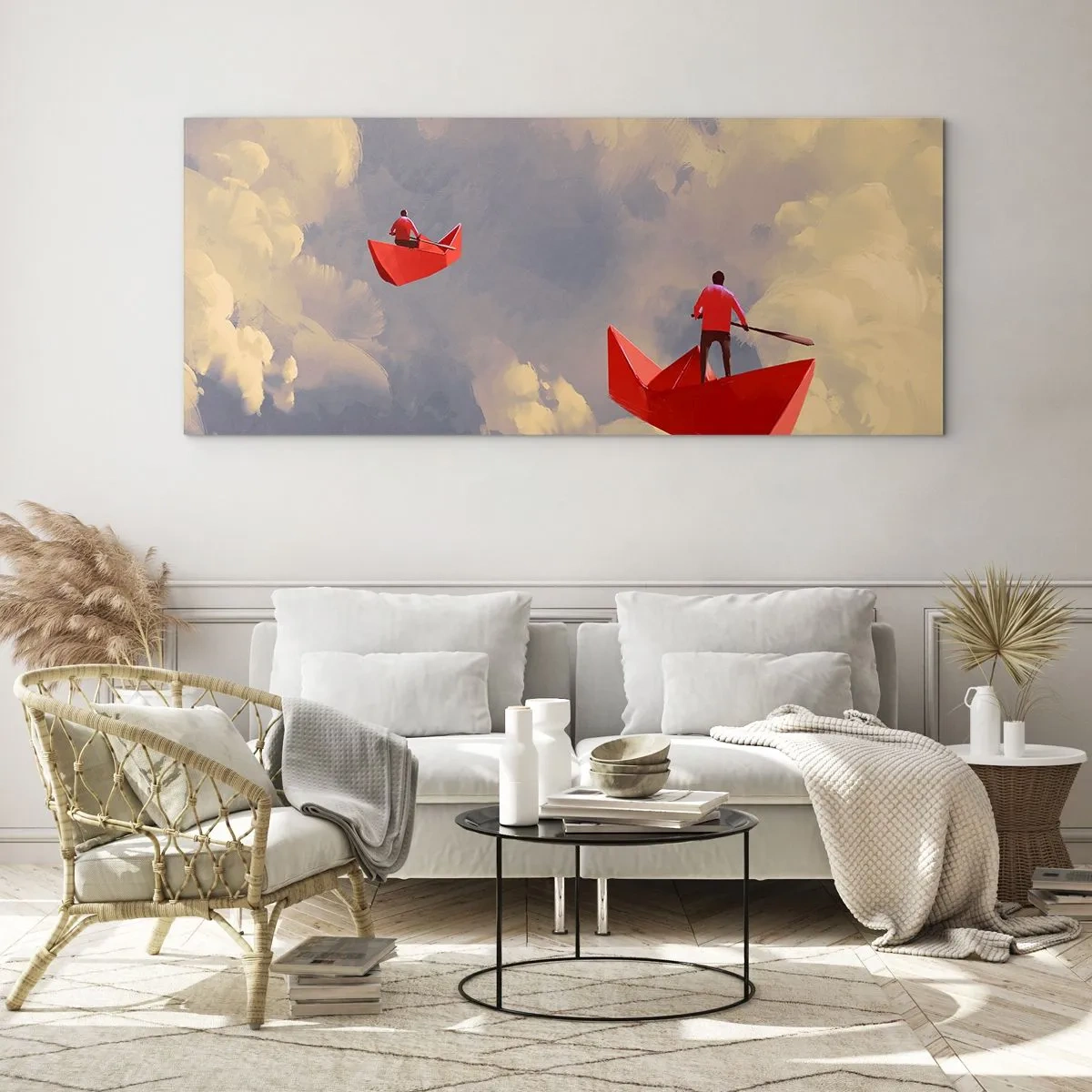 Cuadro sobre vidrio - Impresiones sobre Vidrio - Barquitos de papel rojos flotando en las nubes - 140x50cm - El viaje de un soñador - Decoración de pared moderna para salón y dormitorio ARTTOR