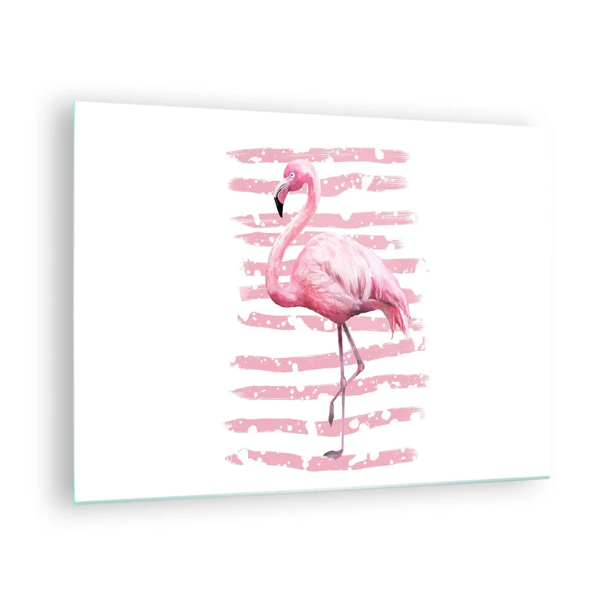 Cuadro sobre vidrio - Impresiones sobre Vidrio - Un flamenco rosa sobre un fondo de artísticas rayas rosas. - 70x50cm - Flamenco veraniego - Decoración de pared moderna para salón y dormitorio ARTTOR