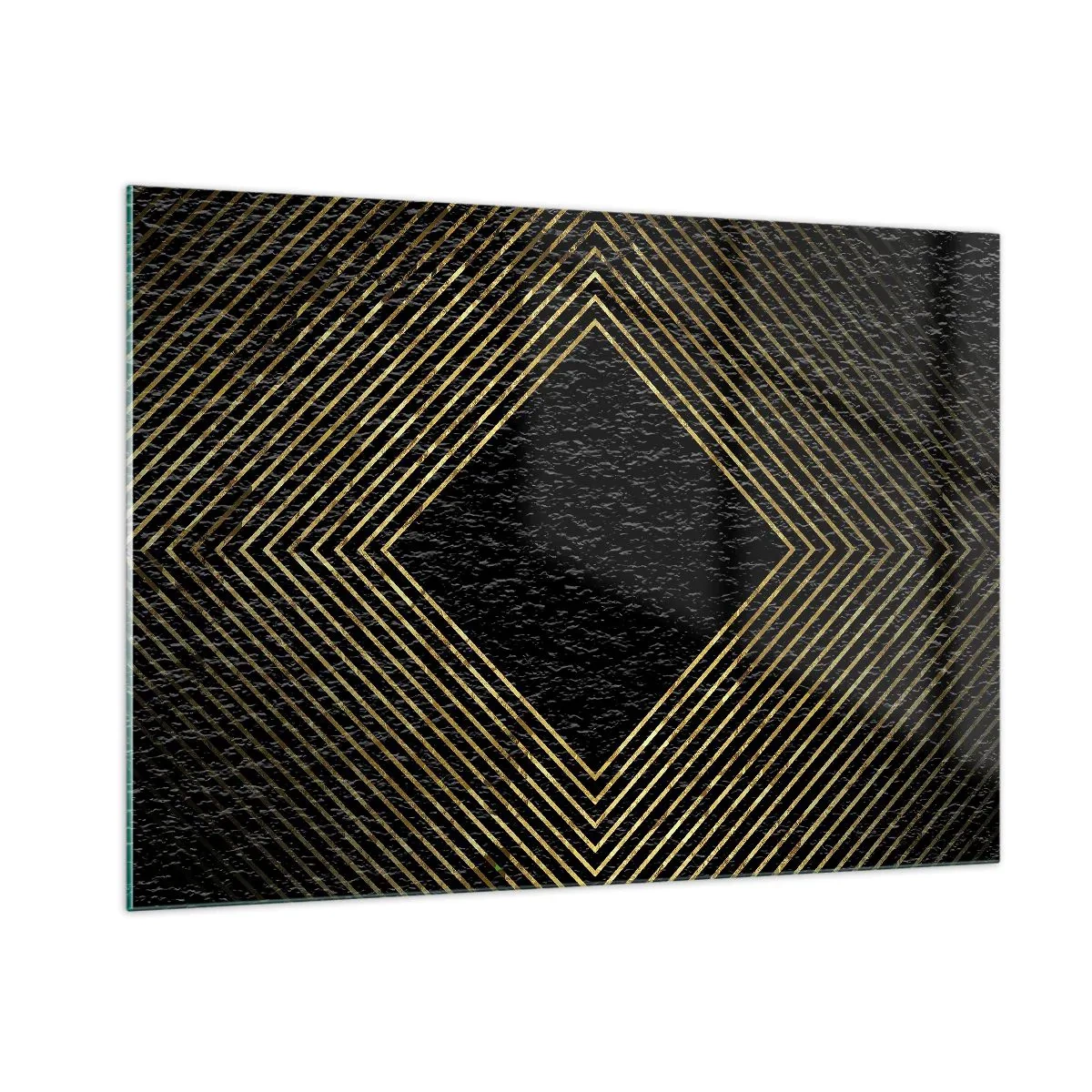 Cuadro sobre vidrio - Impresiones sobre Vidrio - Diamante dorado con líneas geométricas sobre fondo negro. - 100x70cm - Geometría al estilo glamour - Decoración de pared moderna para salón y dormitorio ARTTOR