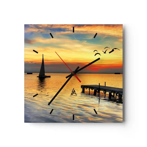 Reloj de pared - Reloj de vidrio - Puesta de sol con un velero y un muelle en un lago tranquilo - 30x30cm - Regresos nocturnos - Decoración de pared moderna para salón y dormitorio ARTTOR