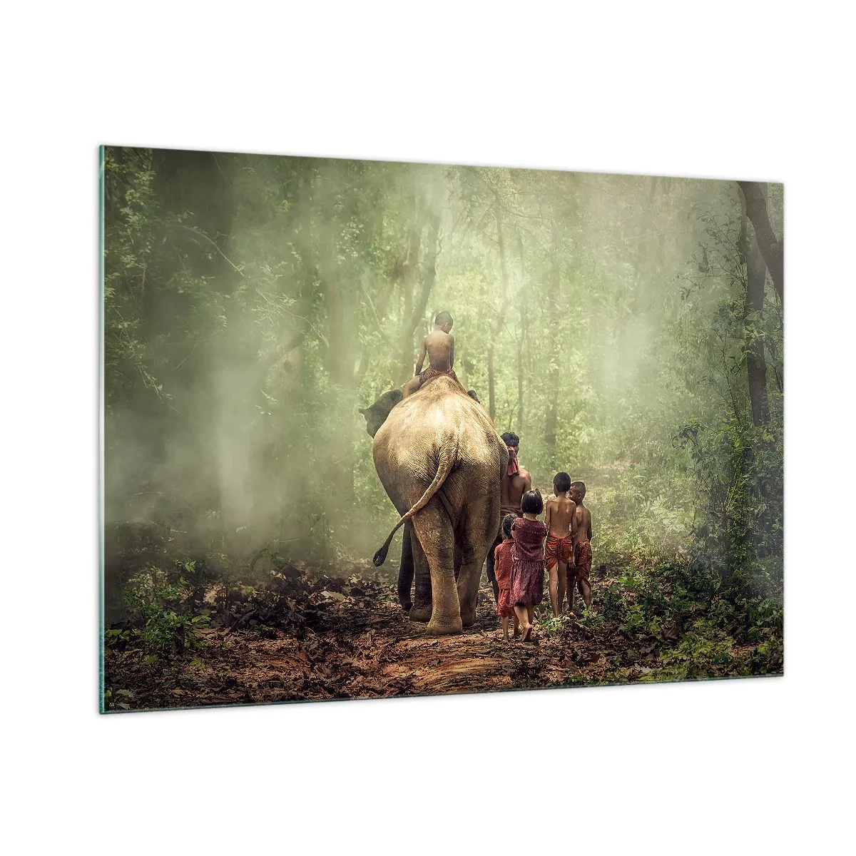 Cuadro sobre vidrio - Impresiones sobre Vidrio - Un elefante en el bosque con niños con trajes tradicionales. - 100x70cm - El nuevo libro de la selva - Decoración de pared moderna para salón y dormitorio ARTTOR