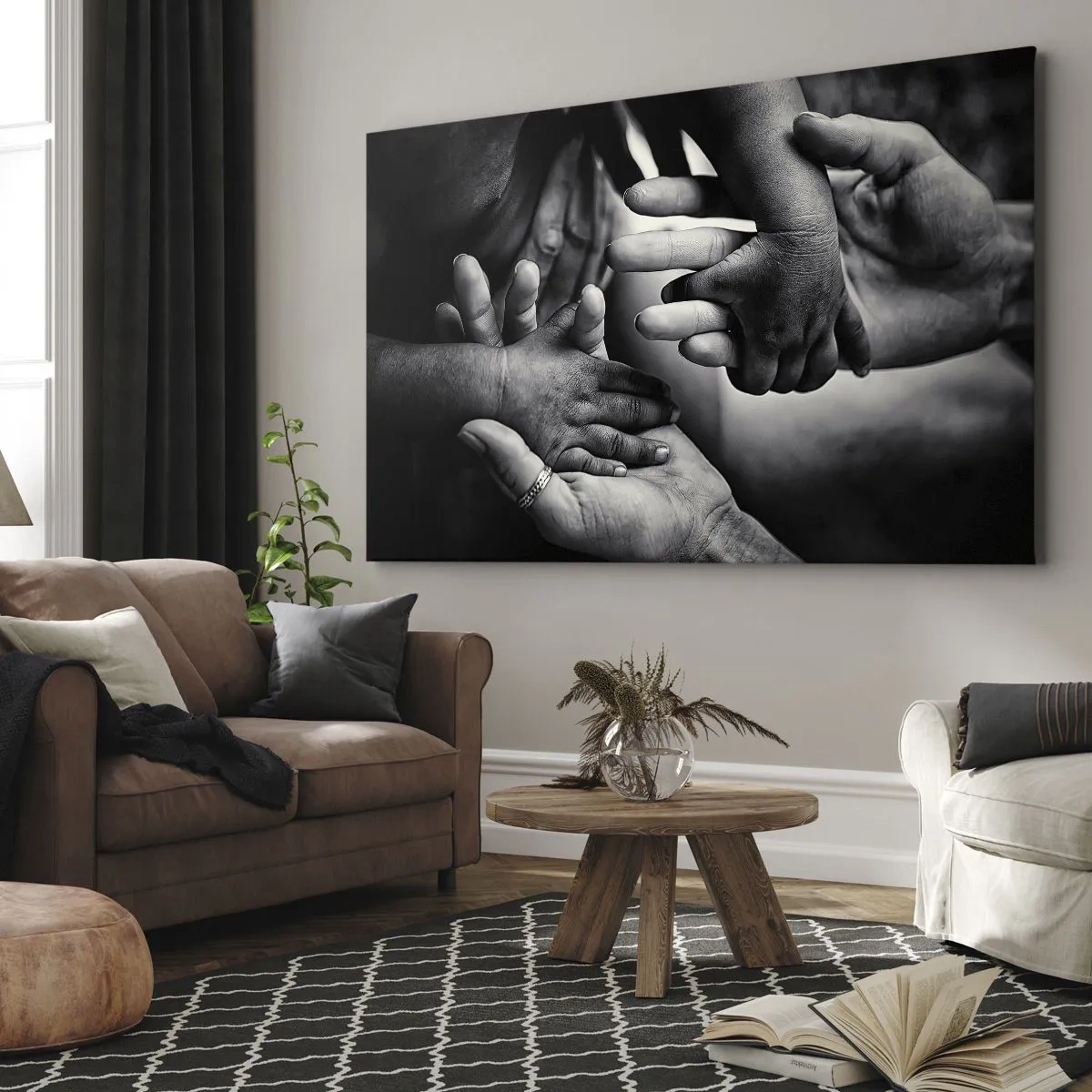 Cuadro sobre lienzo - Impresión de Imagen - Manos en blanco y negro de diferentes generaciones. - 100x70cm - Ser humano - Decoración de pared moderna para salón y dormitorio ARTTOR