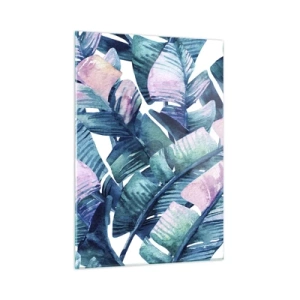 Cuadro sobre vidrio - Impresiones sobre Vidrio - Hojas de plátano en tonos pastel sobre un fondo blanco. - 50x70cm - En una plantación de plátanos - Decoración de pared moderna para salón y dormitorio ARTTOR