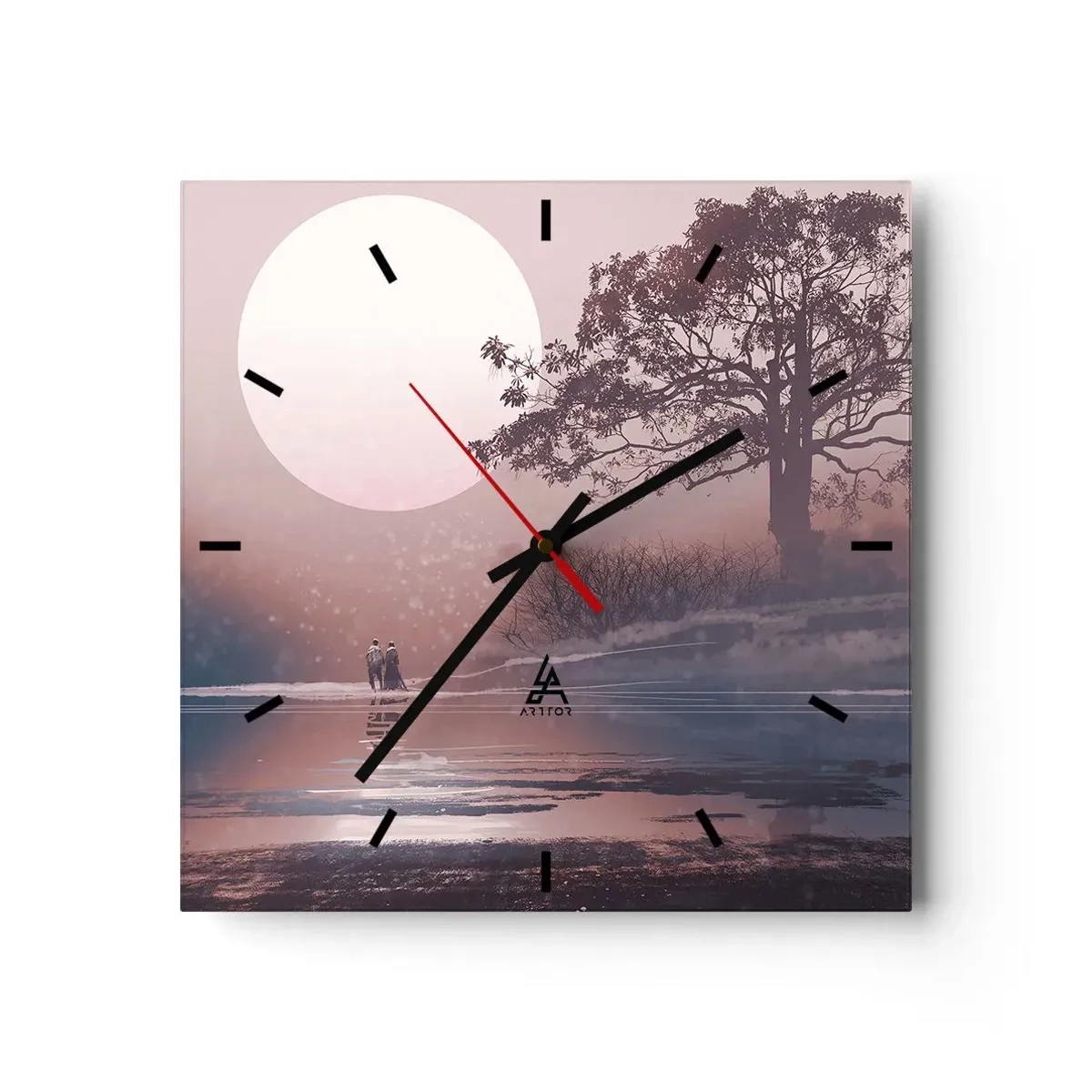 Reloj de pared - Reloj de vidrio - Escena romántica con la luna y un árbol junto al agua. - 30x30cm - Rarezas nocturnas - Decoración de pared moderna para salón y dormitorio ARTTOR