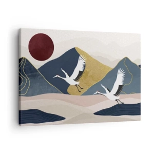 Cuadro sobre lienzo - Impresión de Imagen - Grúas en vuelo con el telón de fondo de montañas y un sol rojo. - 70x50cm - Y el día ha vuelto a pasar volando - Decoración de pared moderna para salón y dormitorio ARTTOR