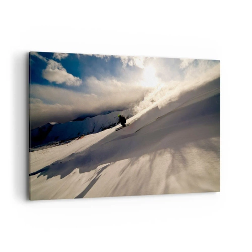 Cuadro sobre lienzo - Impresión de Imagen - Un esquiador en una pendiente rodeada de montañas y nieve. - 120x80cm - Reto de montaña asumido - Decoración de pared moderna para salón y dormitorio ARTTOR