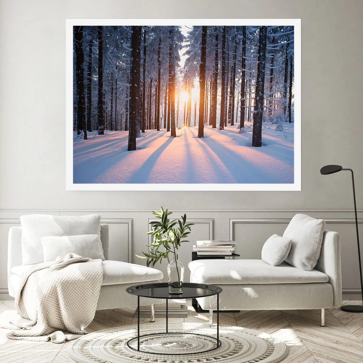 Póster - Bosque invernal iluminado por los rayos del sol. - 100x70cm - Claramente en blanco y negro - Decoración de pared moderna para salón y dormitorio ARTTOR