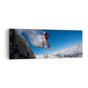 Cuadro sobre lienzo - Impresión de Imagen - Un snowboarder salta desde una roca frente a un paisaje montañoso. - 140x50cm - Y te convertiste en parte del lugar - Decoración de pared moderna para salón y dormitorio ARTTOR