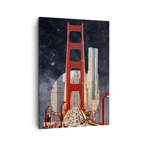 Cuadro sobre lienzo - Impresión de Imagen - El puente Golden Gate con la ciudad al fondo contra un cielo estrellado - 50x70cm - Siempre en el centro - Decoración de pared moderna para salón y dormitorio ARTTOR