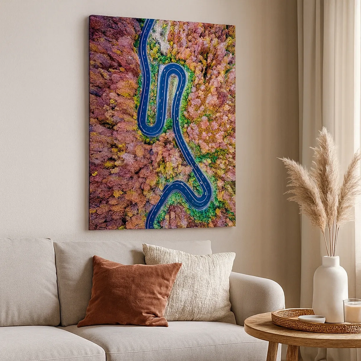 Cuadro sobre lienzo - Impresión de Imagen - Un camino sinuoso en un bosque otoñal visto a vista de pájaro - 50x70cm - Un camino sinuoso a través del bosque - Decoración de pared moderna para salón y dormitorio ARTTOR