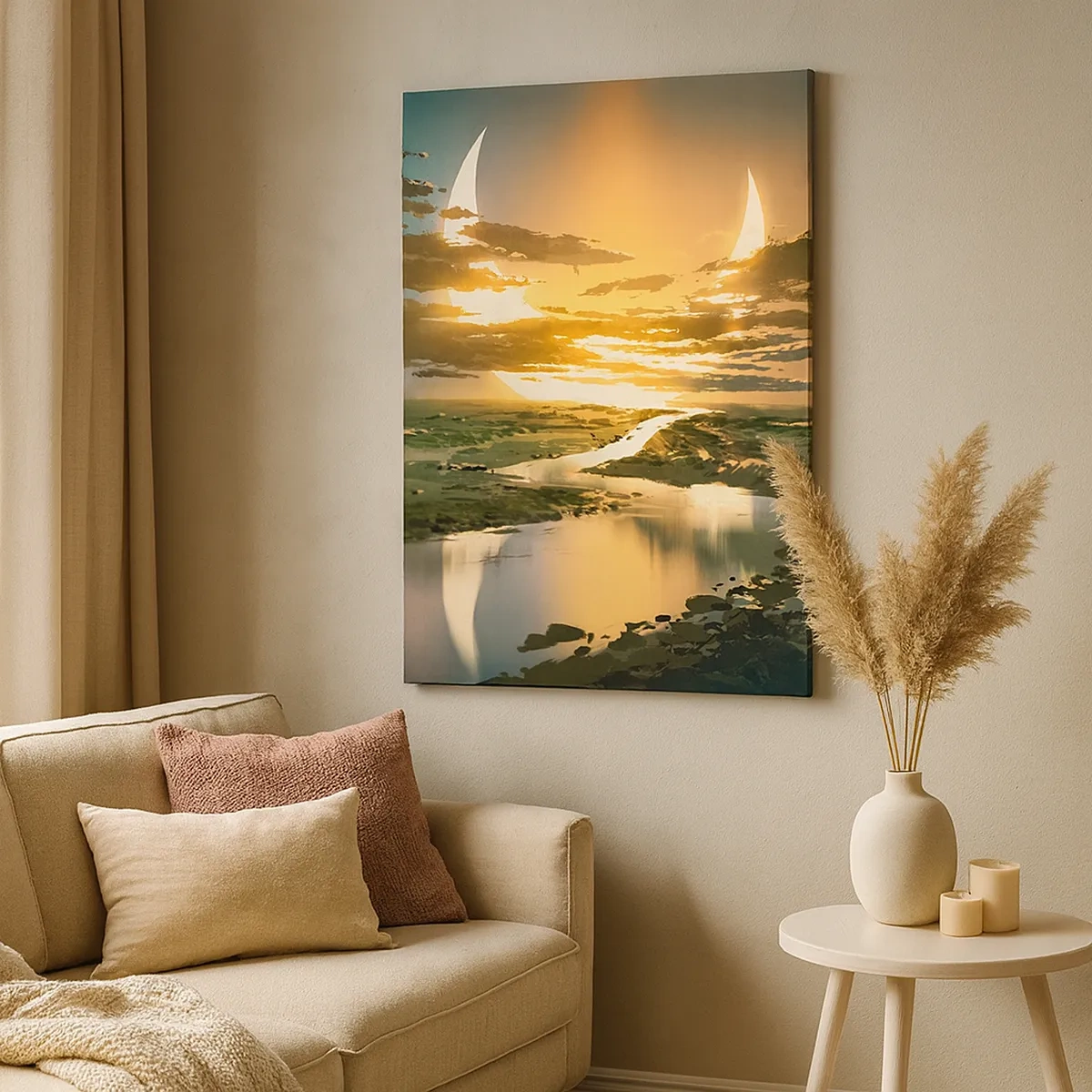 Cuadro sobre lienzo - Impresión de Imagen - Un paisaje fantástico con dos lunas en el horizonte. - 50x70cm - En algún lugar de una galaxia muy, muy lejana - Decoración de pared moderna para salón y dormitorio ARTTOR