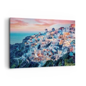 Cuadro sobre lienzo - Impresión de Imagen - Santorini al atardecer con edificios blancos en la colina - 120x80cm - Vacaciones en Grecia - Decoración de pared moderna para salón y dormitorio ARTTOR