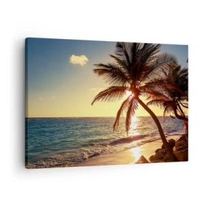Cuadro sobre lienzo - Impresión de Imagen - Atardecer tropical sobre una playa con palmeras - 70x50cm - Verano bajo las palmeras - Decoración de pared moderna para salón y dormitorio ARTTOR
