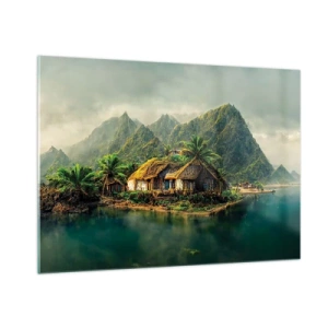 Cuadro sobre vidrio - Impresiones sobre Vidrio - Un pueblo tropical junto al agua rodeado de montañas y palmeras. - 100x70cm - Paraíso tropical - Decoración de pared moderna para salón y dormitorio ARTTOR