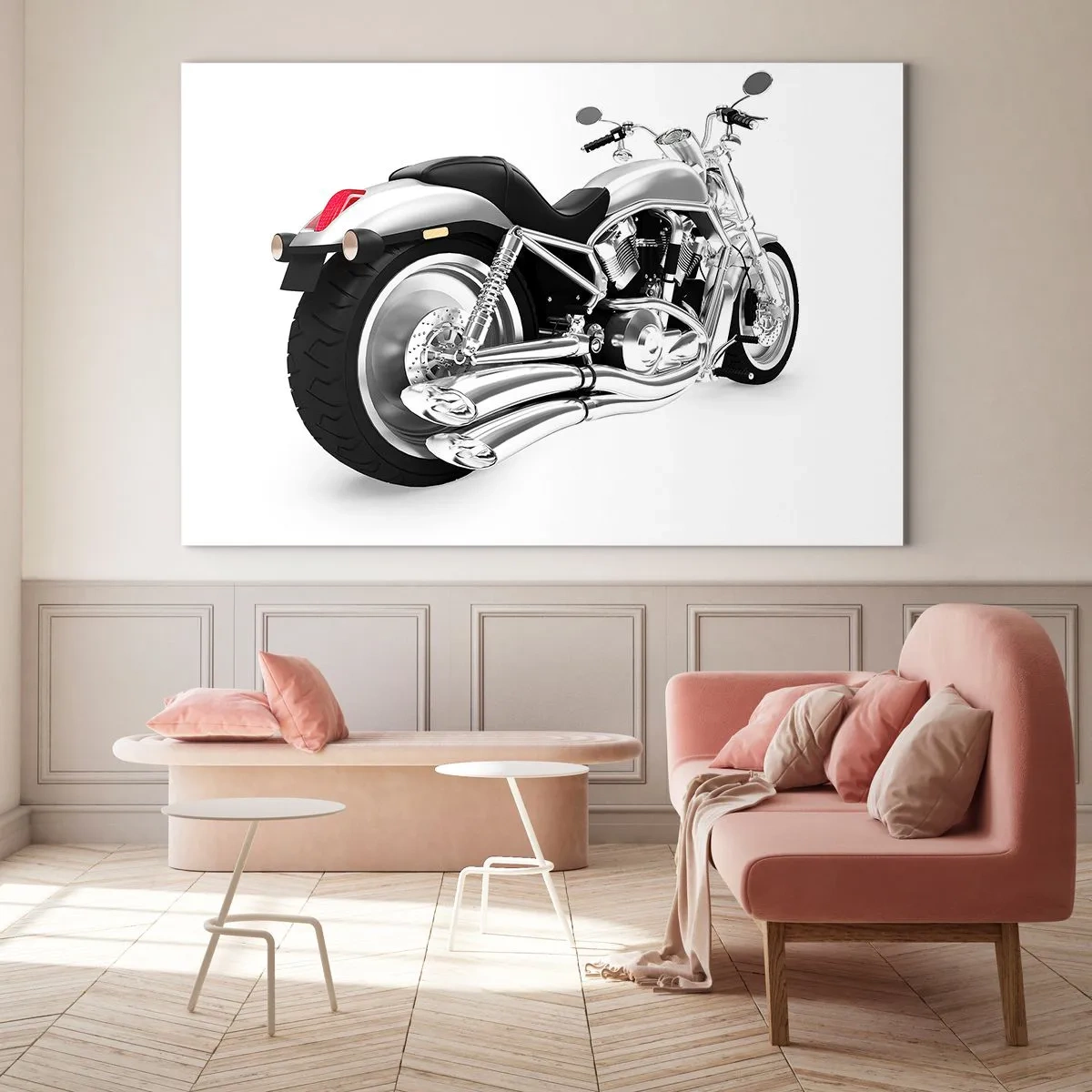 Cuadro sobre vidrio - Impresiones sobre Vidrio - Una motocicleta cromada de estilo moderno sobre un fondo blanco. - 70x50cm - Sueño de un coleccionista - Decoración de pared moderna para salón y dormitorio ARTTOR