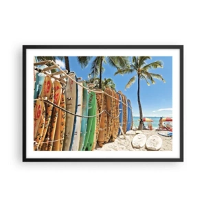 Póster en marco negro - Tablas de surf en una playa con palmeras - 70x50cm - Diversión soleada - Decoración de pared moderna para salón y dormitorio ARTTOR