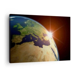 Cuadro sobre lienzo - Impresión de Imagen - Vista de la Tierra desde el espacio con rayos de sol en el horizonte - 70x50cm - Amanecer - Decoración de pared moderna para salón y dormitorio ARTTOR