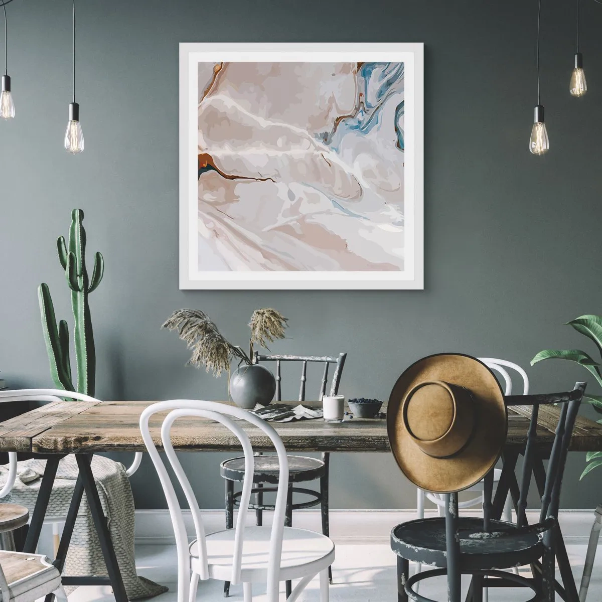 Póster en marco blanco - El azul serpentea por el blanco - 60x60 cm