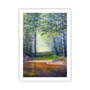 Póster - Un claro del bosque con abedules y un arroyo bajo los rayos del sol. - 50x70cm - Paisaje idílico - Decoración de pared moderna para salón y dormitorio ARTTOR