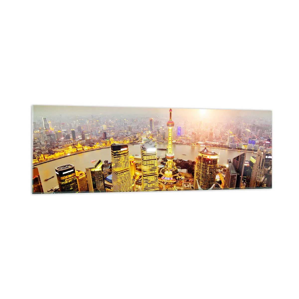 Cuadro sobre vidrio - Impresiones sobre Vidrio - Panorama de la ciudad con rascacielos al atardecer - 160x50cm - Sueño asiático - Decoración de pared moderna para salón y dormitorio ARTTOR