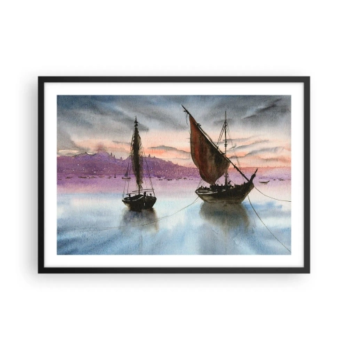 Póster en marco negro - Dos veleros amarrados en aguas tranquilas al anochecer - 70x50cm - Atardecer en el puerto - Decoración de pared moderna para salón y dormitorio ARTTOR