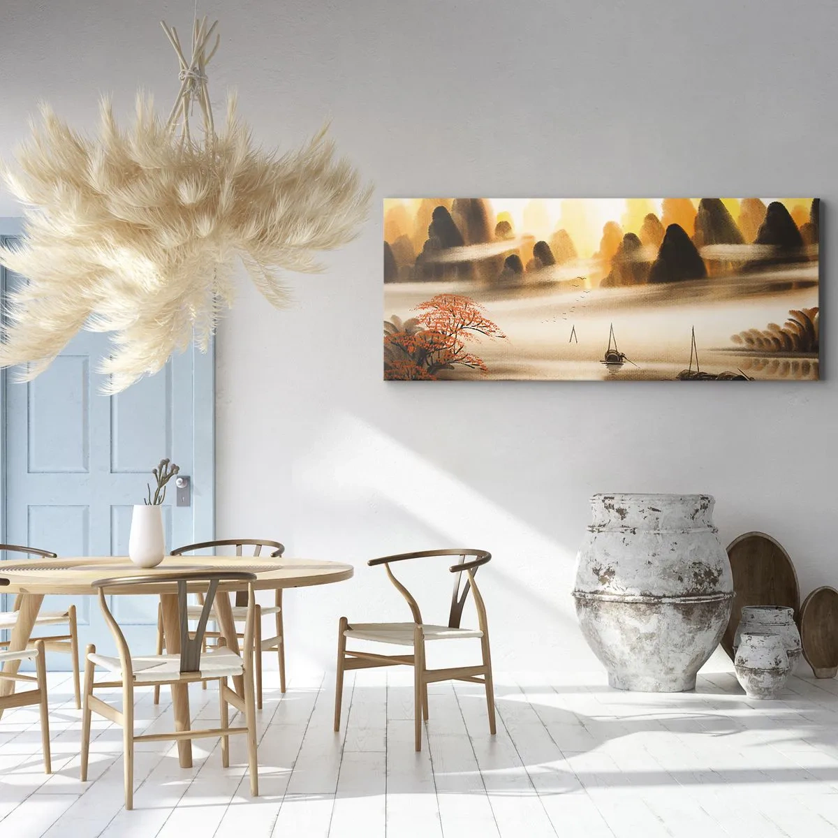 Cuadro sobre lienzo - Impresión de Imagen - Un paisaje oriental con un río, montañas y una suave niebla. - 140x50cm - Más allá del Lejano Oriente - Decoración de pared moderna para salón y dormitorio ARTTOR