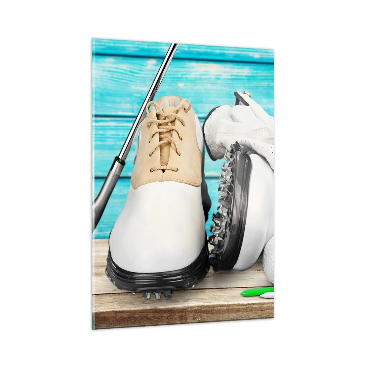 Cuadro sobre vidrio - Impresiones sobre Vidrio - Accesorios de golf sobre un fondo de madera. - 50x70cm - Todo listo - Decoración de pared moderna para salón y dormitorio ARTTOR