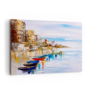 Cuadro sobre lienzo - Impresión de Imagen - Barcos coloridos en la orilla con vistas al horizonte de la ciudad - 120x80cm - Puerto urbano multicolor - Decoración de pared moderna para salón y dormitorio ARTTOR