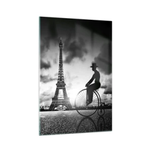 Cuadro sobre vidrio - Impresiones sobre Vidrio - Imagen en blanco y negro de una bicicleta retro con la Torre Eiffel al fondo. - 70x100cm - Añoranza de la Belle Epoque - Decoración de pared moderna para salón y dormitorio ARTTOR