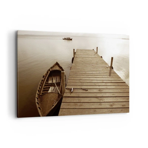 Cuadro sobre lienzo - Impresión de Imagen - Muelle de madera y barco en un lago tranquilo - 120x80cm - La auténtica paz - Decoración de pared moderna para salón y dormitorio ARTTOR