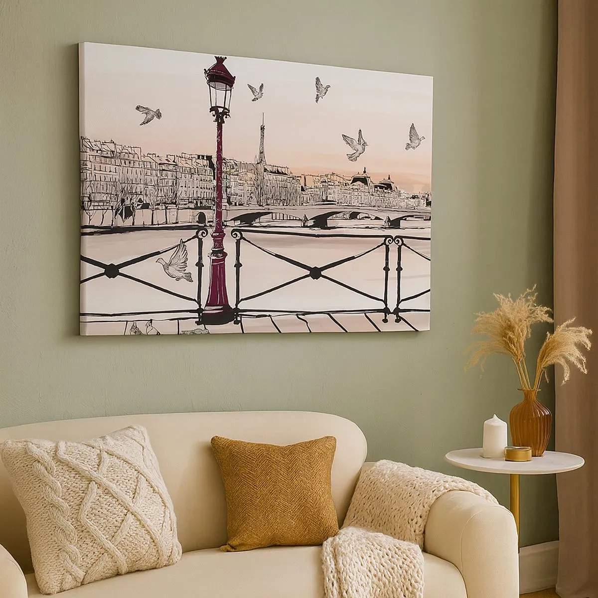 Cuadro sobre lienzo - Impresión de Imagen - Vista parisina con una linterna y un puente. - 70x50cm - Sobre los tejados de París - Decoración de pared moderna para salón y dormitorio ARTTOR