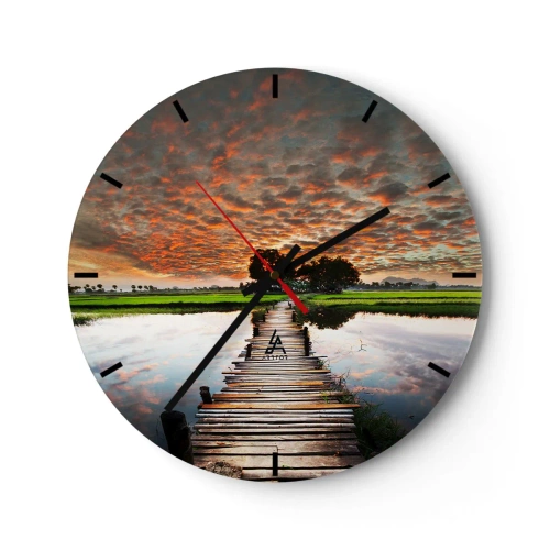 Reloj de pared - Reloj de vidrio - El muelle con el telón de fondo de una pintoresca puesta de sol. - 30x30cm - Extiende tus brazos - respira  - Decoración de pared moderna para salón, cocina y dormitorio ARTTOR