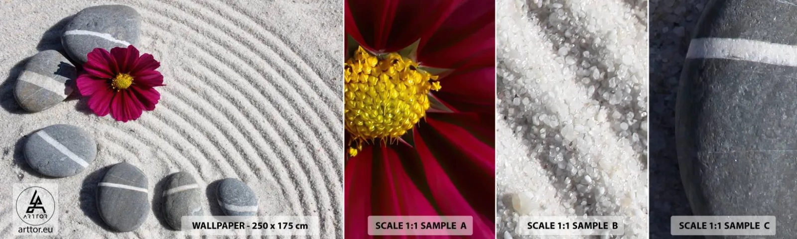 Muestra de fotomural autoadhesivo Deluxe Sticker - Energía y paz del círculo mágico de la naturaleza - flores, Arena, piedras - 100x30 cm