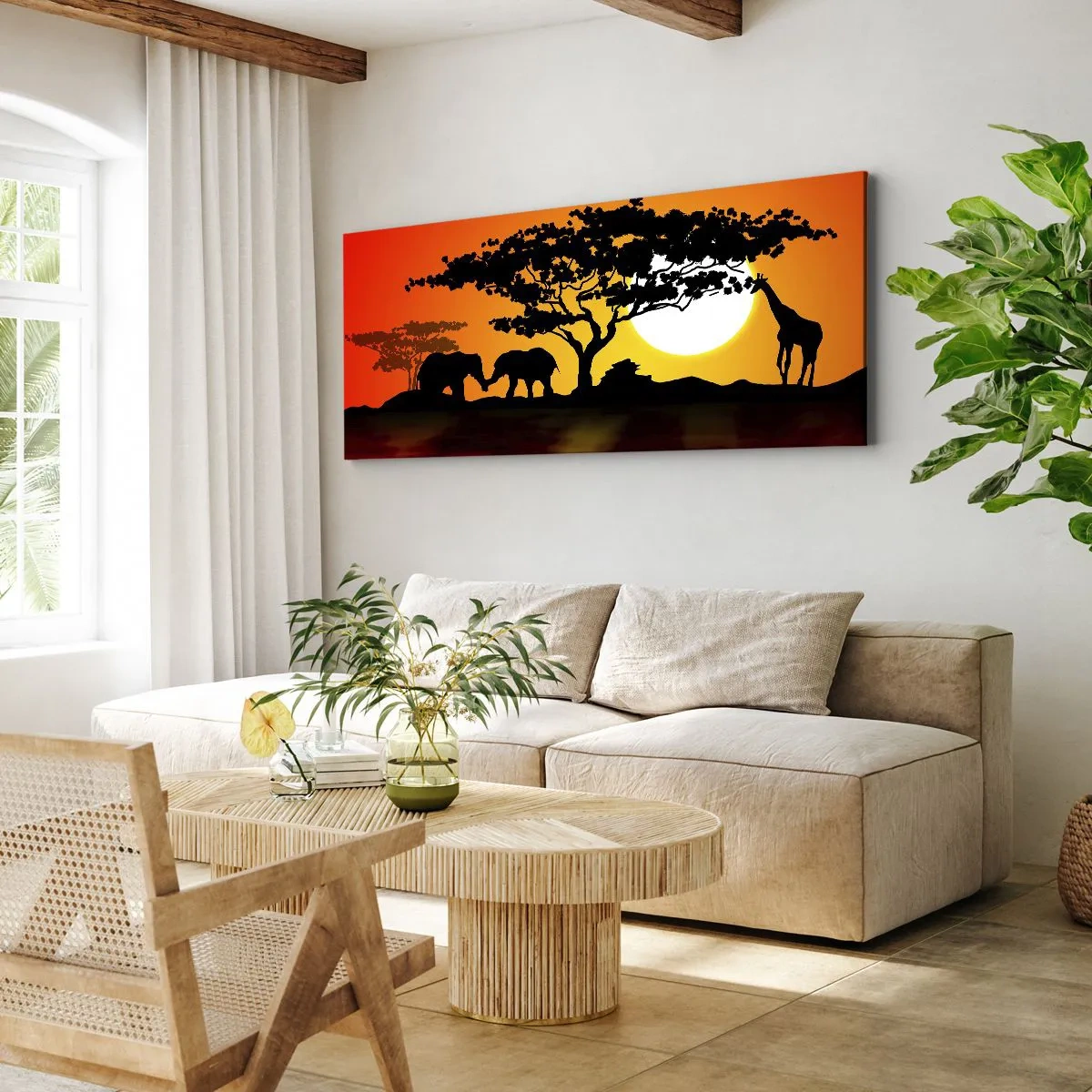Cuadro sobre lienzo - Impresión de Imagen - Atardecer africano con siluetas de elefantes y jirafas sobre el agua - 140x50cm - Reunión en la sabana - Decoración de pared moderna para salón y dormitorio ARTTOR