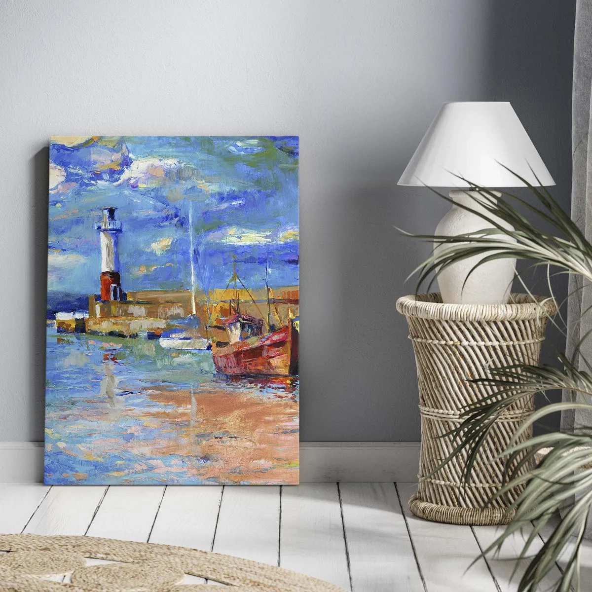Cuadro sobre lienzo - Impresión de Imagen - Puerto pesquero con barcos y un faro en colores vivos - 50x70cm - Tarde en la bahía del arco iris - Decoración de pared moderna para salón y dormitorio ARTTOR