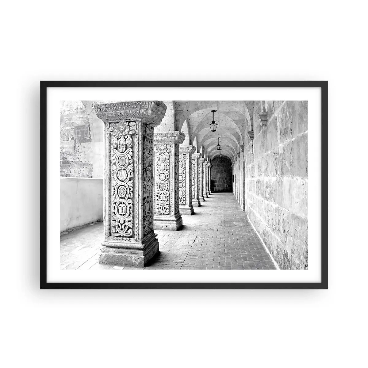 Póster en marco negro - Columnas históricas en una toma monocromática - 70x50cm - ¿Y adónde nos llevará...? - Decoración de pared moderna para salón y dormitorio ARTTOR