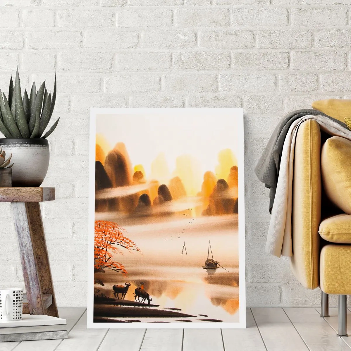 Póster - Paisaje montañoso oriental en la niebla con un barco y animales. - 50x70cm - Más allá del Lejano Oriente - Decoración de pared moderna para salón y dormitorio ARTTOR