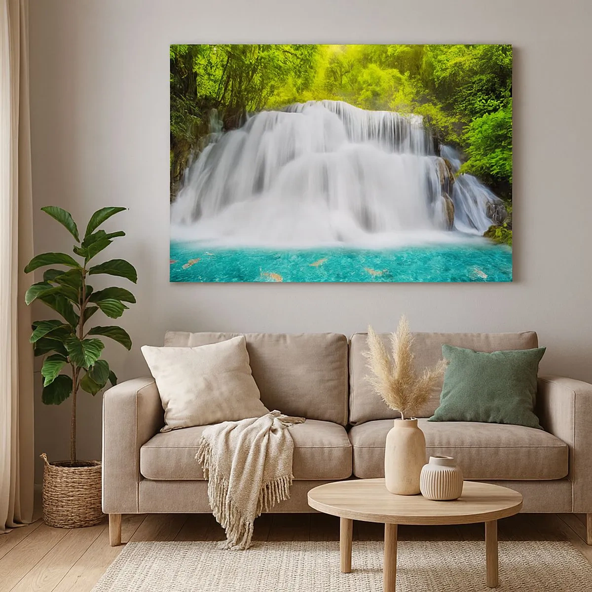 Cuadro sobre lienzo - Impresión de Imagen - Una cascada en un bosque tropical con agua turquesa. - 70x50cm - Cascada espumosa, de verde a azul - Decoración de pared moderna para salón y dormitorio ARTTOR