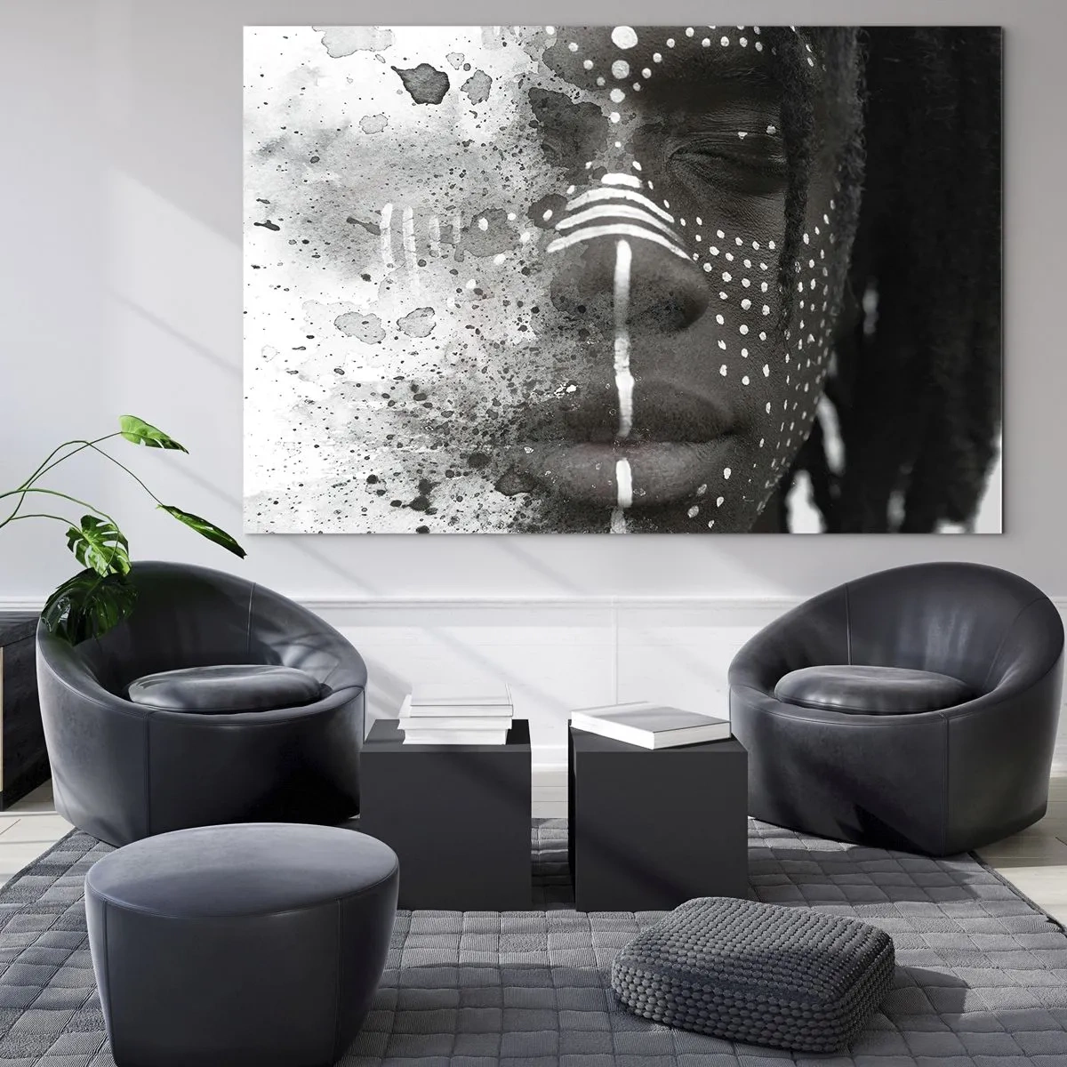 Cuadro sobre vidrio - Impresiones sobre Vidrio - Retrato con patrones étnicos en blanco y negro con efecto acuarela. - 70x50cm - Descubrimiento del espíritu original - Decoración de pared moderna para salón y dormitorio ARTTOR