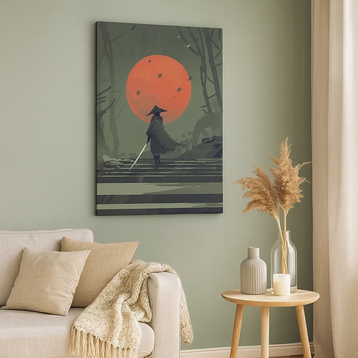 Cuadro sobre lienzo - Impresión de Imagen - Un guerrero solitario con una espada contra el fondo de una luna roja en un bosque oscuro. - 50x70cm - Guerrero de la luna roja - Decoración de pared moderna para salón y dormitorio ARTTOR
