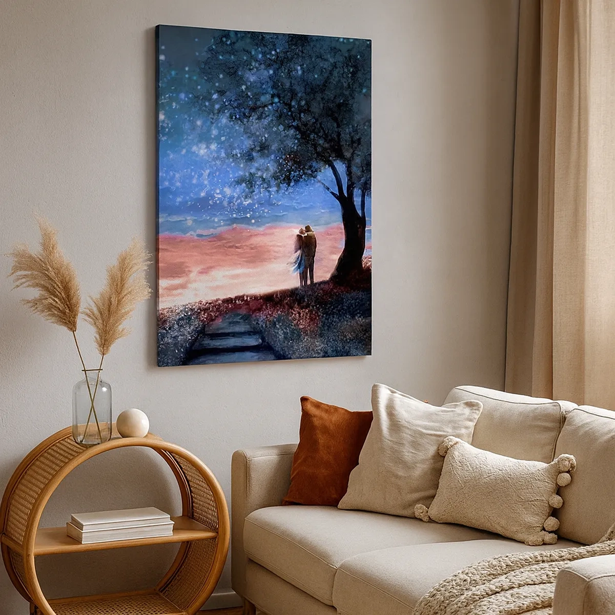 Cuadro sobre lienzo - Impresión de Imagen - Escena romántica de pareja bajo la luna llena - 50x70cm - Un espectáculo estelar - Decoración de pared moderna para salón y dormitorio ARTTOR