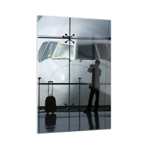 Cuadro sobre vidrio - Impresiones sobre Vidrio - Aeropuerto con vista del avión y siluetas de viajeros - 50x70cm - Vis a vis en el aeropuerto - Decoración de pared moderna para salón y dormitorio ARTTOR