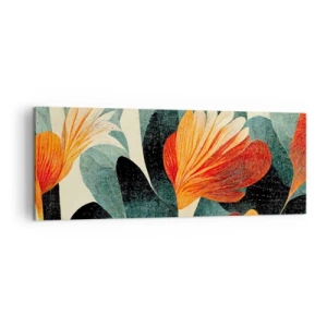 Cuadro sobre lienzo - Impresión de Imagen - Flores en tonos intensos de naranja y verde. - 140x50cm - El calor del trópico y el frescor del verdor - Decoración de pared moderna para salón y dormitorio ARTTOR